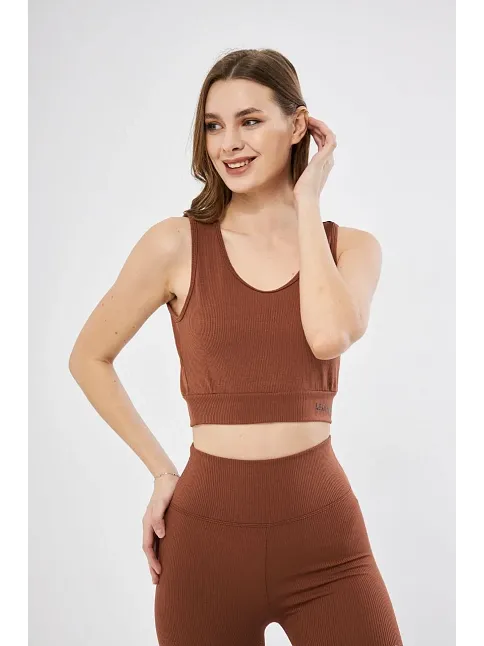 Kadın Fitilli Baskılı Crop - Kahve