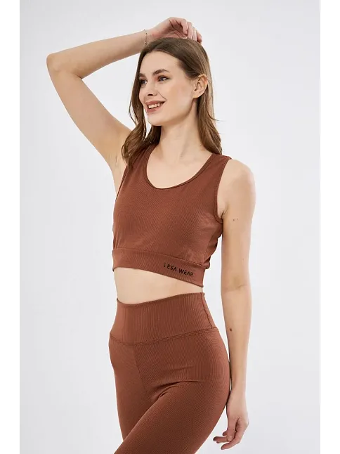 Kadın Fitilli Baskılı Crop - Kahve