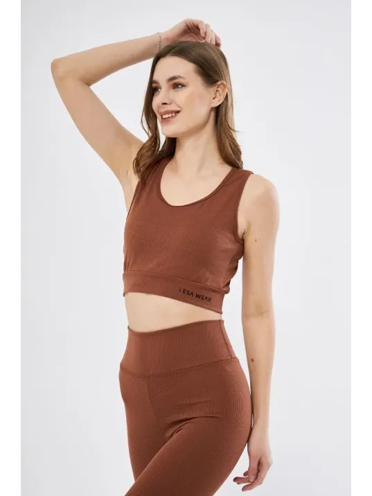 Kadın Fitilli Baskılı Crop - Kahve