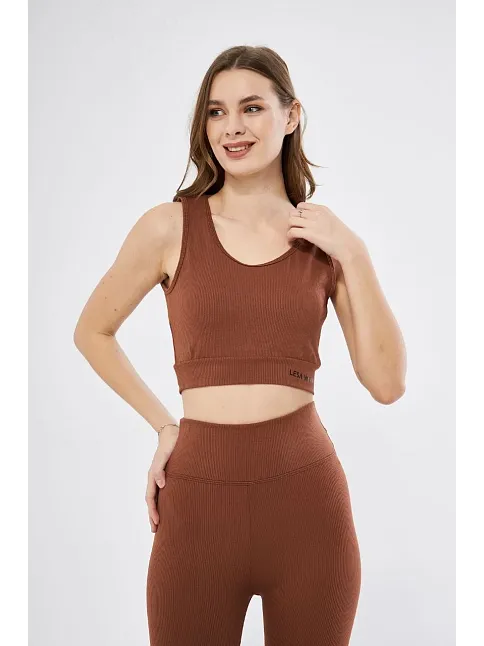 Kadın Fitilli Baskılı Crop - Kahve