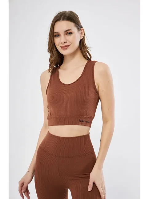 Kadın Fitilli Baskılı Crop - Kahve
