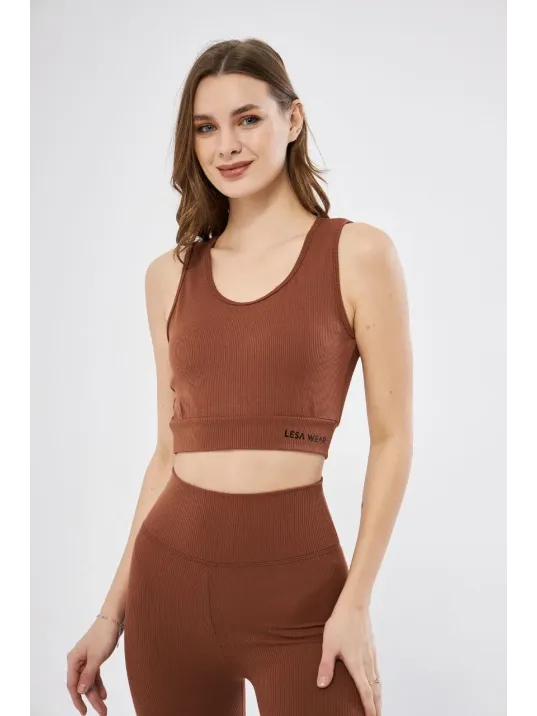 Kadın Fitilli Baskılı Crop - Kahve