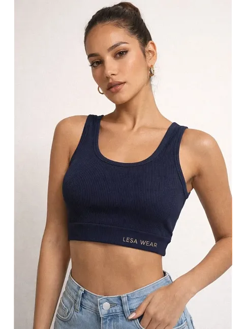 Kadın Fitilli Baskılı Crop - Lacivert