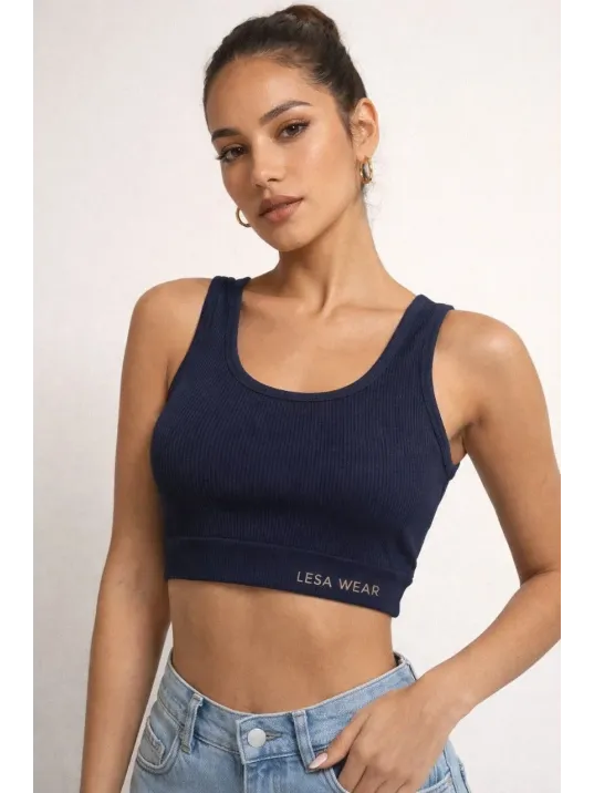 Kadın Fitilli Baskılı Crop - Lacivert