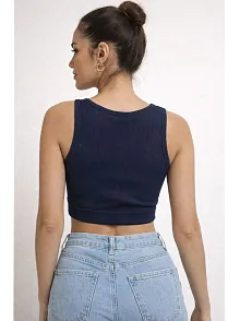 Kadın Fitilli Baskılı Crop - Lacivert