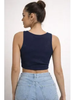 Kadın Fitilli Baskılı Crop - Lacivert