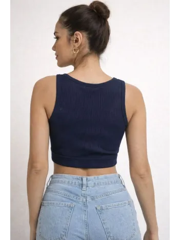 Kadın Fitilli Baskılı Crop - Lacivert