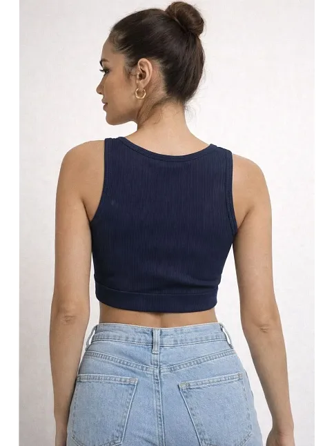 Kadın Fitilli Baskılı Crop - Lacivert