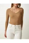 Kadın Fitilli Likralı Body Crop - Camel