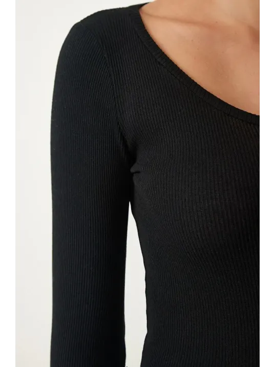 Kadın Fitilli Likralı Body Crop - Siyah