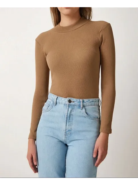 Kadın Full Likralı Fitilli Kaşkorse Body - Kahve