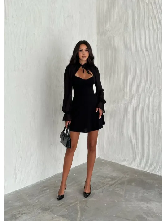 Kadın Göğsü Bağlamalı Kalp Yaka Kolları Şifon Mini Elbise - Siyah Kadın Göğsü Bağlamalı Kalp Yaka Kolları Şifon Mini Elbise - Siyah