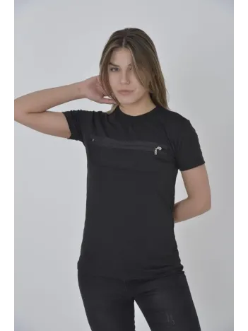 Kadın Göğüste Fermuar Aksesuarlı Dar Kalıp T-Shirt - Siyah