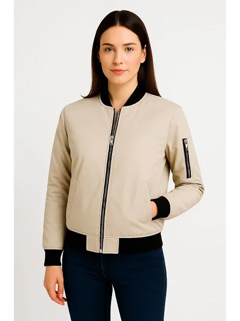 Kadın Bomber Mont Ceket – Fermuarlı, Kapitone İçi Astarlı, Su İtici Kumaş, Regular Fit, Yandan Cepli, Günlük Bahar & Kış Şık Rahat Stil - Bej