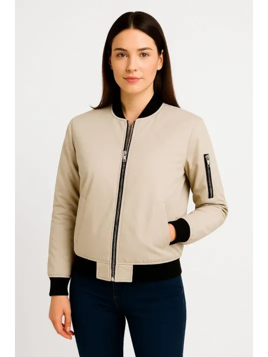 Kadın Bomber Mont Ceket – Fermuarlı, Kapitone İçi Astarlı, Su İtici Kumaş, Regular Fit, Yandan Cepli, Günlük Bahar & Kış Şık Rahat Stil - bej