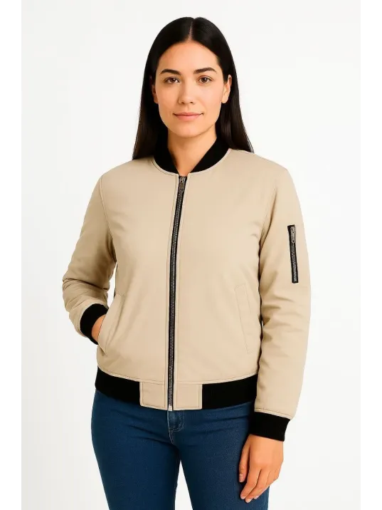 Kadın Bomber Mont Ceket – Fermuarlı, Kapitone İçi Astarlı, Su İtici Kumaş, Regular Fit, Yandan Cepli, Günlük Bahar & Kış Şık Rahat Stil - bej