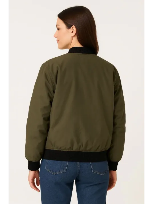 Kadın Bomber Mont Ceket – Fermuarlı, Kapitone İçi Astarlı, Su İtici Kumaş, Regular Fit, Yandan Cepli, Günlük Bahar & Kış Şık Rahat Stil - Haki