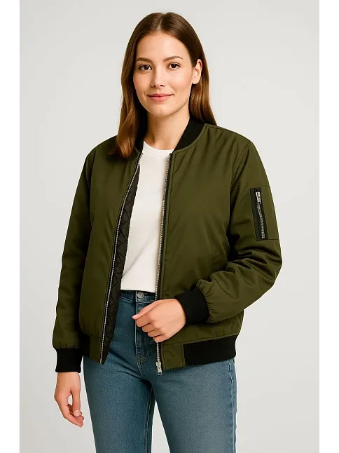 Kadın Bomber Mont Ceket – Fermuarlı, Kapitone İçi Astarlı, Su İtici Kumaş, Regular Fit, Yandan Cepli, Günlük Bahar & Kış Şık Rahat Stil - Haki