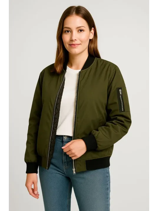 Kadın Bomber Mont Ceket – Fermuarlı, Kapitone İçi Astarlı, Su İtici Kumaş, Regular Fit, Yandan Cepli, Günlük Bahar & Kış Şık Rahat Stil - Haki