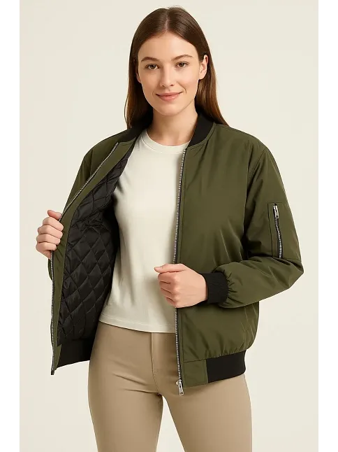 Kadın Bomber Mont Ceket – Fermuarlı, Kapitone İçi Astarlı, Su İtici Kumaş, Regular Fit, Yandan Cepli, Günlük Bahar & Kış Şık Rahat Stil - Haki