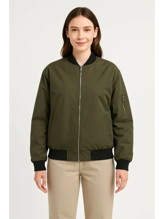 Kadın Bomber Mont Ceket – Fermuarlı, Kapitone İçi Astarlı, Su İtici Kumaş, Regular Fit, Yandan Cepli, Günlük Bahar & Kış Şık Rahat Stil - Haki