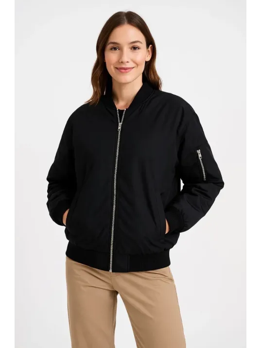 Kadın Bomber Mont Ceket – Fermuarlı, Kapitone İçi Astarlı, Su İtici Kumaş, Regular Fit, Yandan Cepli, Günlük Bahar & Kış Şık Rahat Stil - Siyah