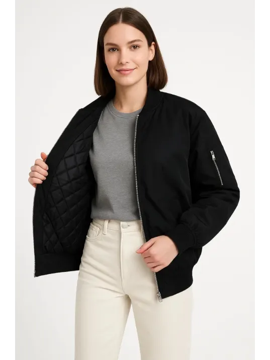 Kadın Bomber Mont Ceket – Fermuarlı, Kapitone İçi Astarlı, Su İtici Kumaş, Regular Fit, Yandan Cepli, Günlük Bahar & Kış Şık Rahat Stil - Siyah