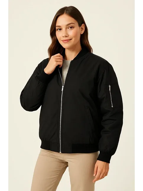 Kadın Bomber Mont Ceket – Fermuarlı, Kapitone İçi Astarlı, Su İtici Kumaş, Regular Fit, Yandan Cepli, Günlük Bahar & Kış Şık Rahat Stil - Siyah