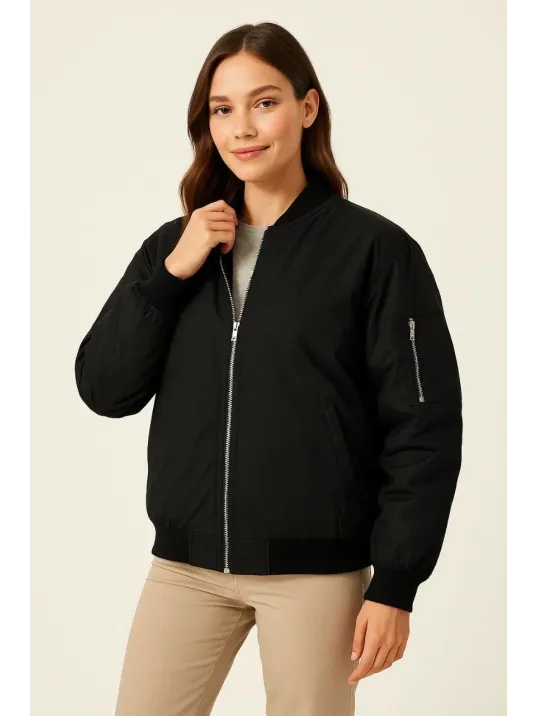 Kadın Bomber Mont Ceket – Fermuarlı, Kapitone İçi Astarlı, Su İtici Kumaş, Regular Fit, Yandan Cepli, Günlük Bahar & Kış Şık Rahat Stil - Siyah