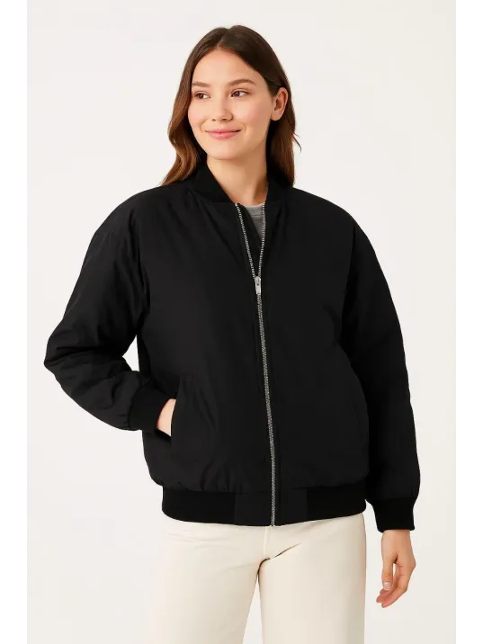 Kadın Bomber Mont Ceket – Fermuarlı, Kapitone İçi Astarlı, Su İtici Kumaş, Regular Fit, Yandan Cepli, Günlük Bahar & Kış Şık Rahat Stil - Siyah