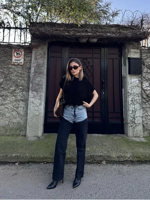 Kadın Jeans Kot Parçalı Palazzo Pantolon - Siyah