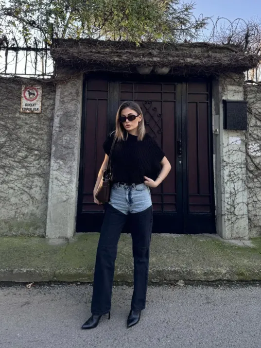 Kadın Jeans Kot Parçalı Palazzo Pantolon - Siyah