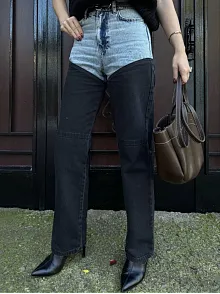 Kadın Jeans Kot Parçalı Palazzo Pantolon - Siyah