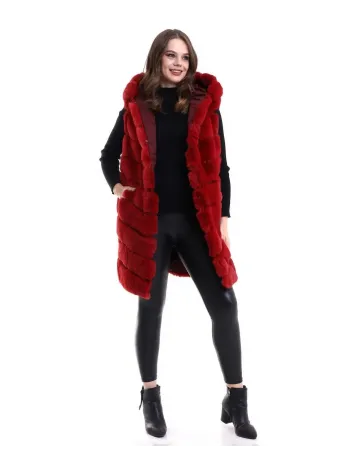 Kadın Kapşonlu Peluş Kürk Yelek Premium Kalite, Tam Astarlı, Uzun Model - Kırmızı Kadın Kapşonlu Peluş Kürk Yelek Premium Kalite, Tam Astarlı, Uzun Model - Kırmızı