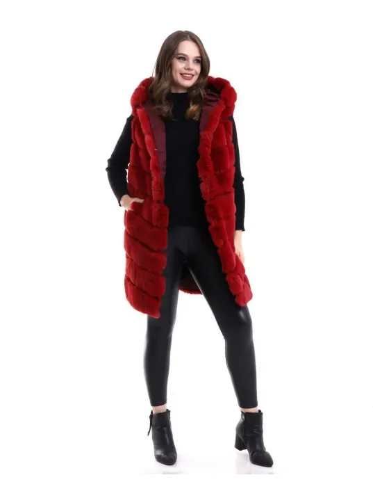 Kadın Kapşonlu Peluş Kürk Yelek Premium Kalite, Tam Astarlı, Uzun Model - Kırmızı Kadın Kapşonlu Peluş Kürk Yelek Premium Kalite, Tam Astarlı, Uzun Model - Kırmızı