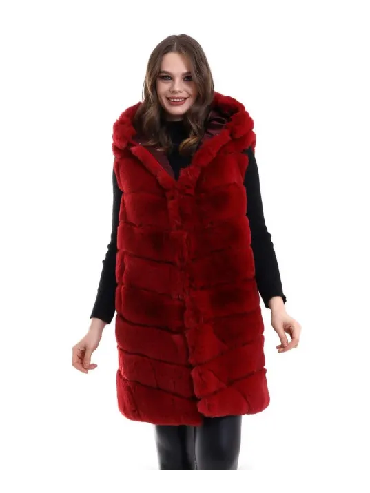 Kadın Kapşonlu Peluş Kürk Yelek Premium Kalite, Tam Astarlı, Uzun Model - Kırmızı Kadın Kapşonlu Peluş Kürk Yelek Premium Kalite, Tam Astarlı, Uzun Model - Kırmızı