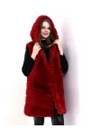 Kadın Kapşonlu Peluş Kürk Yelek Premium Kalite, Tam Astarlı, Uzun Model - Kırmızı
