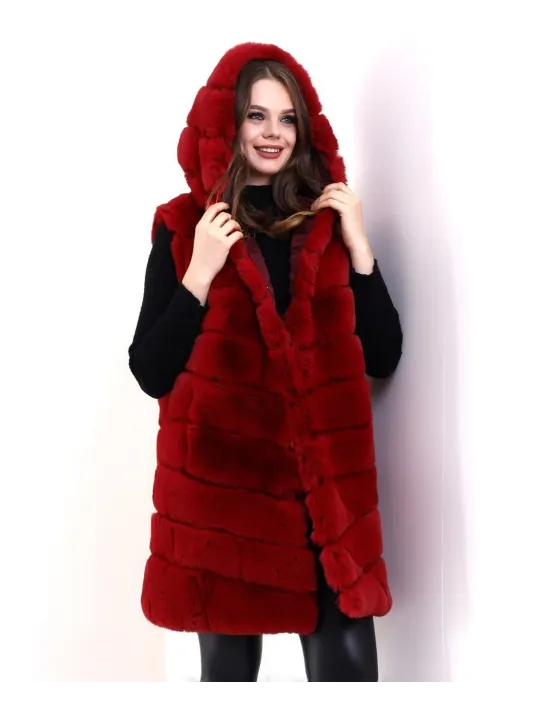 Kadın Kapşonlu Peluş Kürk Yelek Premium Kalite, Tam Astarlı, Uzun Model - Kırmızı Kadın Kapşonlu Peluş Kürk Yelek Premium Kalite, Tam Astarlı, Uzun Model - Kırmızı