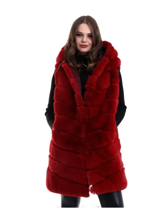 Kadın Kapşonlu Peluş Kürk Yelek Premium Kalite, Tam Astarlı, Uzun Model - Kırmızı Kadın Kapşonlu Peluş Kürk Yelek Premium Kalite, Tam Astarlı, Uzun Model - Kırmızı