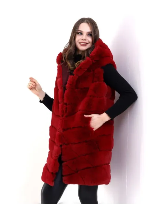 Kadın Kapşonlu Peluş Kürk Yelek Premium Kalite, Tam Astarlı, Uzun Model - Kırmızı Kadın Kapşonlu Peluş Kürk Yelek Premium Kalite, Tam Astarlı, Uzun Model - Kırmızı