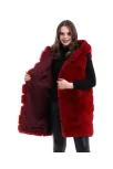 Kadın Kapşonlu Peluş Kürk Yelek Premium Kalite, Tam Astarlı, Uzun Model - Kırmızı