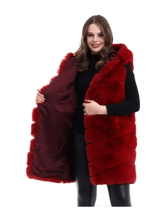 Kadın Kapşonlu Peluş Kürk Yelek Premium Kalite, Tam Astarlı, Uzun Model - Kırmızı Kadın Kapşonlu Peluş Kürk Yelek Premium Kalite, Tam Astarlı, Uzun Model - Kırmızı