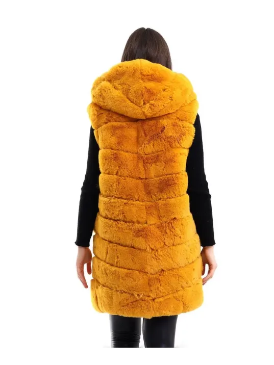 Kadın Kapşonlu Peluş Kürk Yelek Premium Kalite, Tam Astarlı, Uzun Model - Sarı Kadın Kapşonlu Peluş Kürk Yelek Premium Kalite, Tam Astarlı, Uzun Model - Sarı