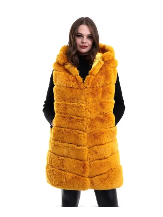 Kadın Kapşonlu Peluş Kürk Yelek Premium Kalite, Tam Astarlı, Uzun Model - Sarı Kadın Kapşonlu Peluş Kürk Yelek Premium Kalite, Tam Astarlı, Uzun Model - Sarı