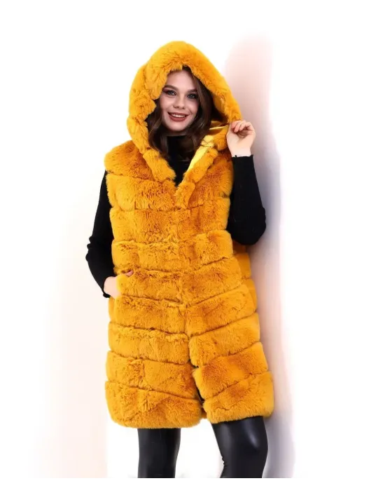 Kadın Kapşonlu Peluş Kürk Yelek Premium Kalite, Tam Astarlı, Uzun Model - Sarı Kadın Kapşonlu Peluş Kürk Yelek Premium Kalite, Tam Astarlı, Uzun Model - Sarı