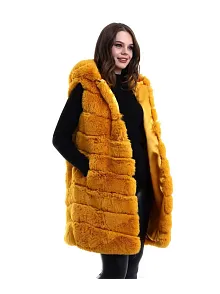 Kadın Kapşonlu Peluş Kürk Yelek Premium Kalite, Tam Astarlı, Uzun Model - Sarı
