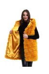 Kadın Kapşonlu Peluş Kürk Yelek Premium Kalite, Tam Astarlı, Uzun Model - Sarı