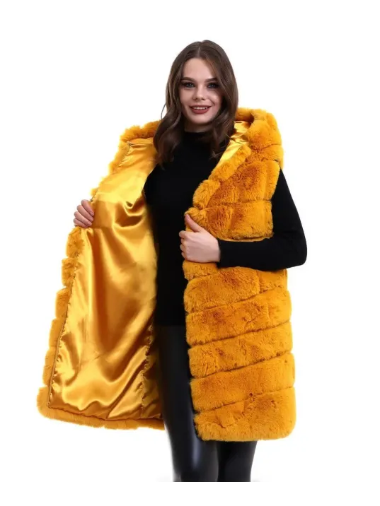 Kadın Kapşonlu Peluş Kürk Yelek Premium Kalite, Tam Astarlı, Uzun Model - Sarı Kadın Kapşonlu Peluş Kürk Yelek Premium Kalite, Tam Astarlı, Uzun Model - Sarı