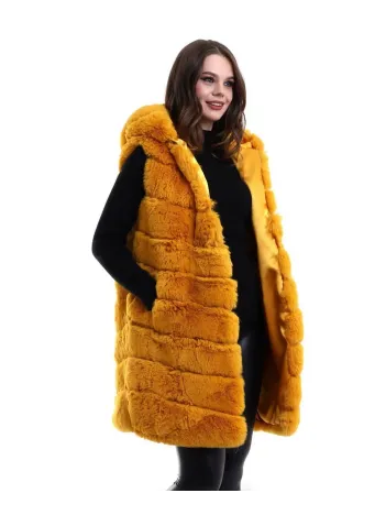 Kadın Kapşonlu Peluş Kürk Yelek Premium Kalite, Tam Astarlı, Uzun Model - Sarı Kadın Kapşonlu Peluş Kürk Yelek Premium Kalite, Tam Astarlı, Uzun Model - Sarı