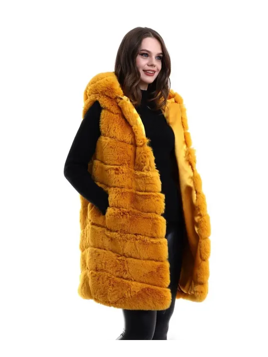 Kadın Kapşonlu Peluş Kürk Yelek Premium Kalite, Tam Astarlı, Uzun Model - Sarı Kadın Kapşonlu Peluş Kürk Yelek Premium Kalite, Tam Astarlı, Uzun Model - Sarı